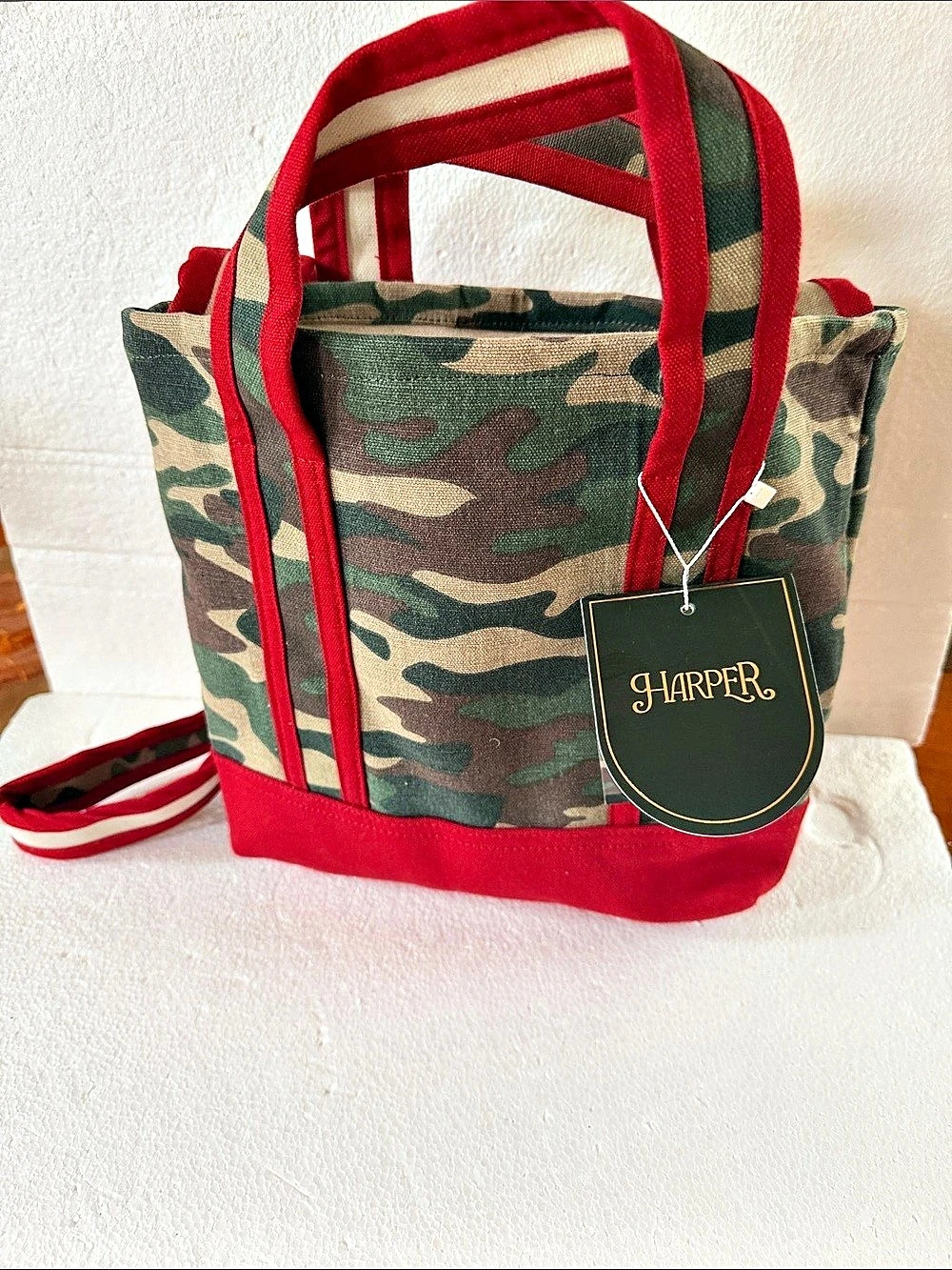 Harper Camo Canvas Tote Bag  wirh cross body strap with Red Trim Green & Red NWT